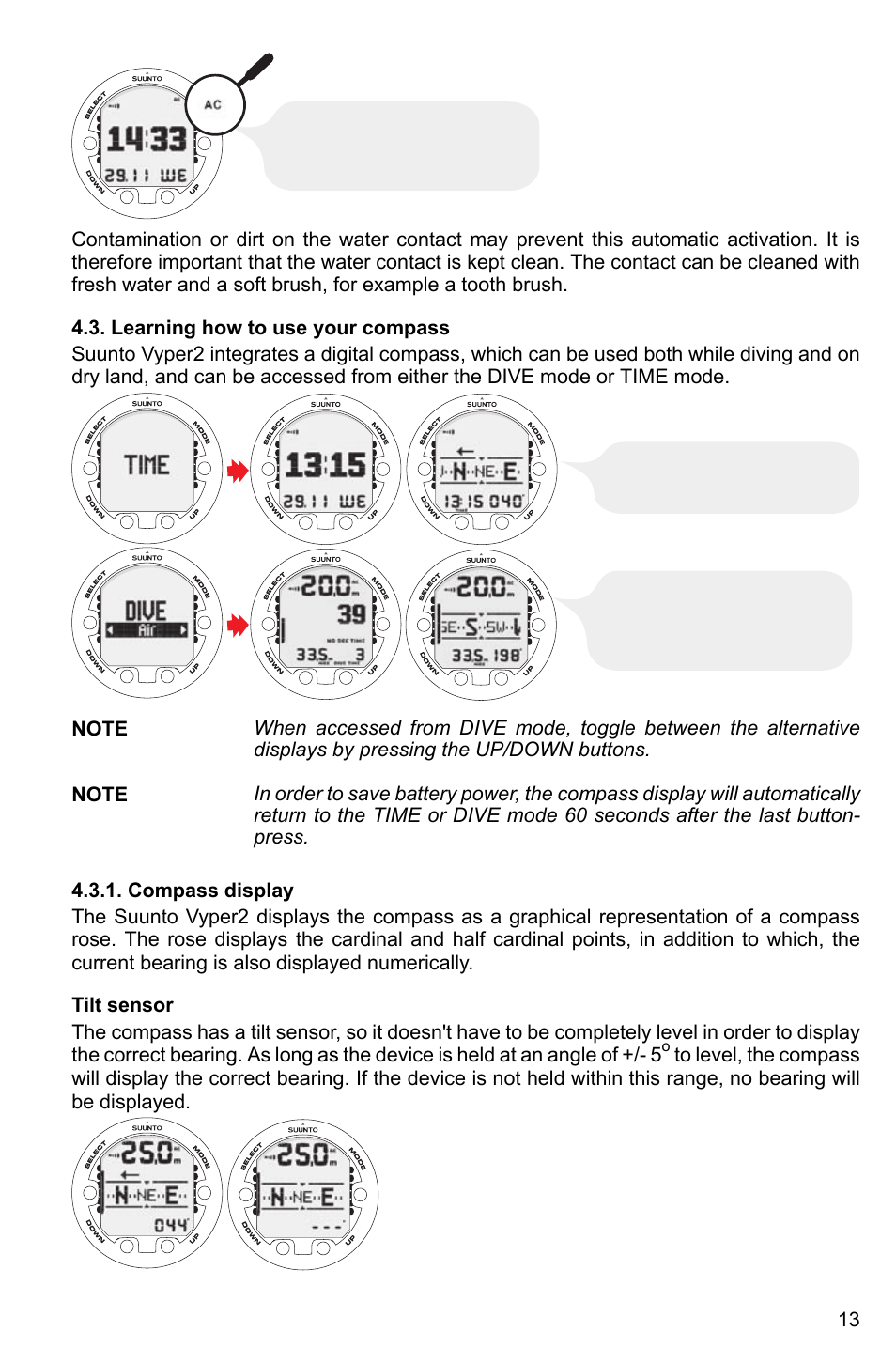 Learning how to use your compass, Compass display, Tilt sensor | SUUNTO Vyper2 User Manual | Page 13 / 55