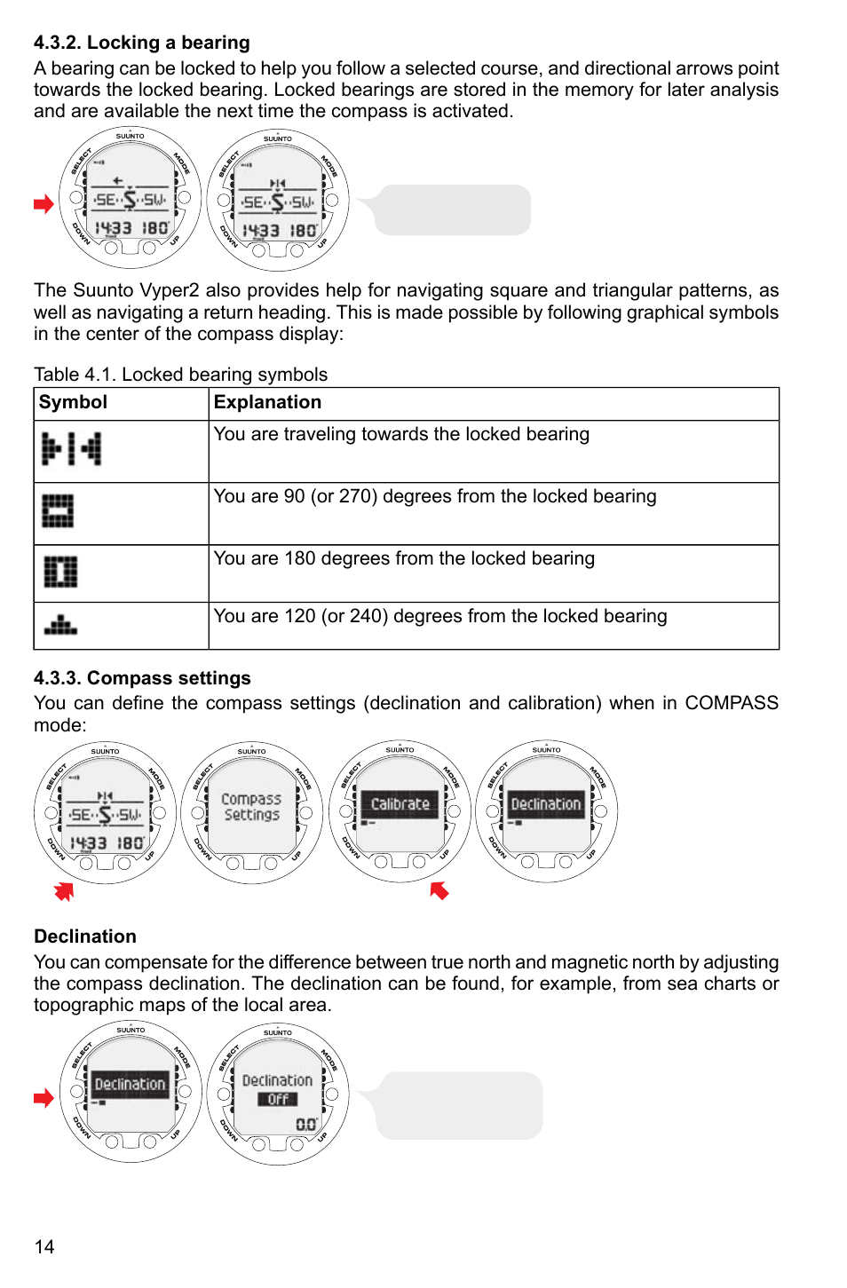Locking a bearing, Compass settings, Declination | 14 4.3.3. compass settings | SUUNTO Vyper2 User Manual | Page 14 / 55