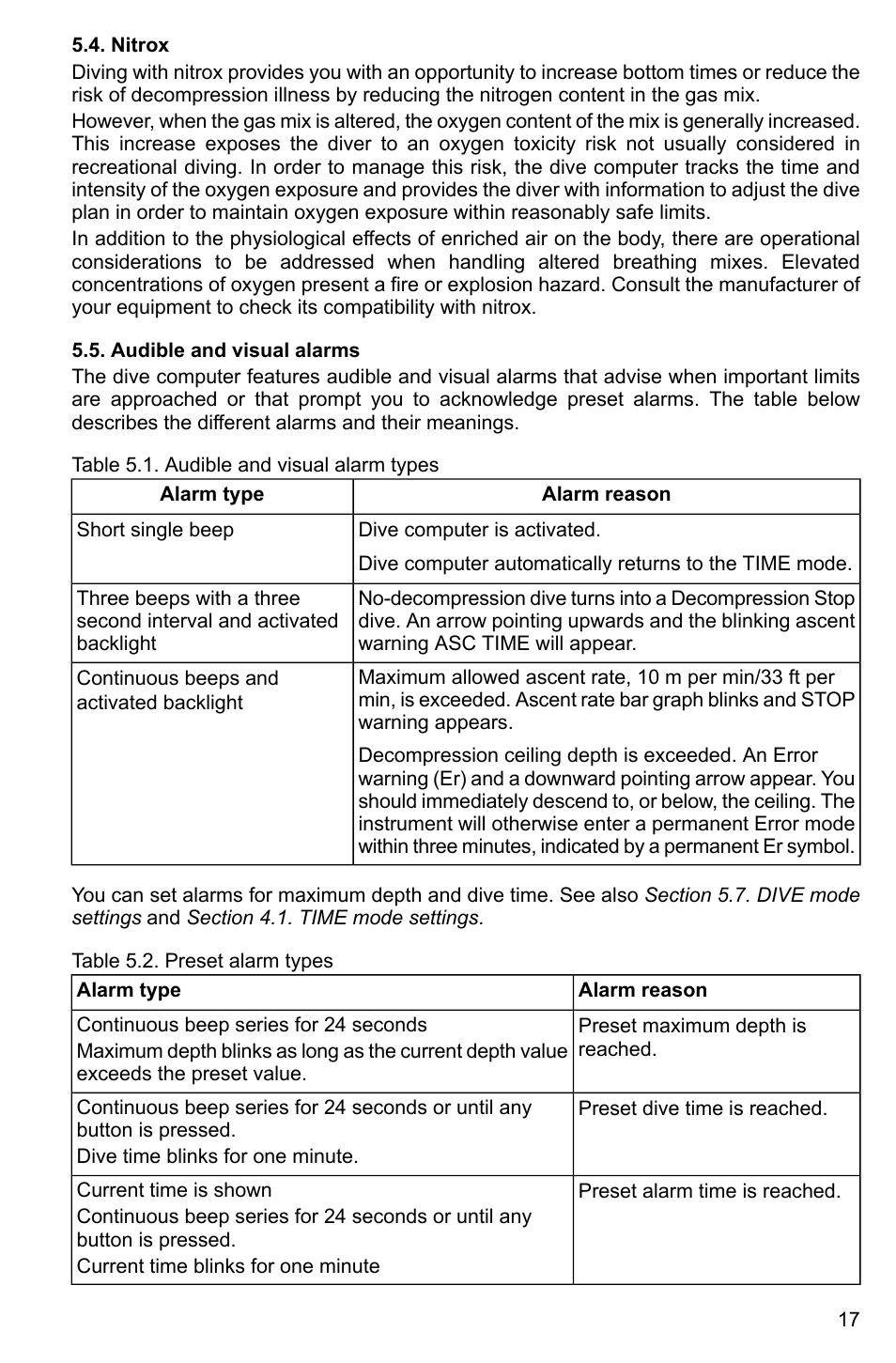 Nitrox, Audible and visual alarms, 17 5.5. audible and visual alarms | SUUNTO Vyper2 User Manual | Page 17 / 55