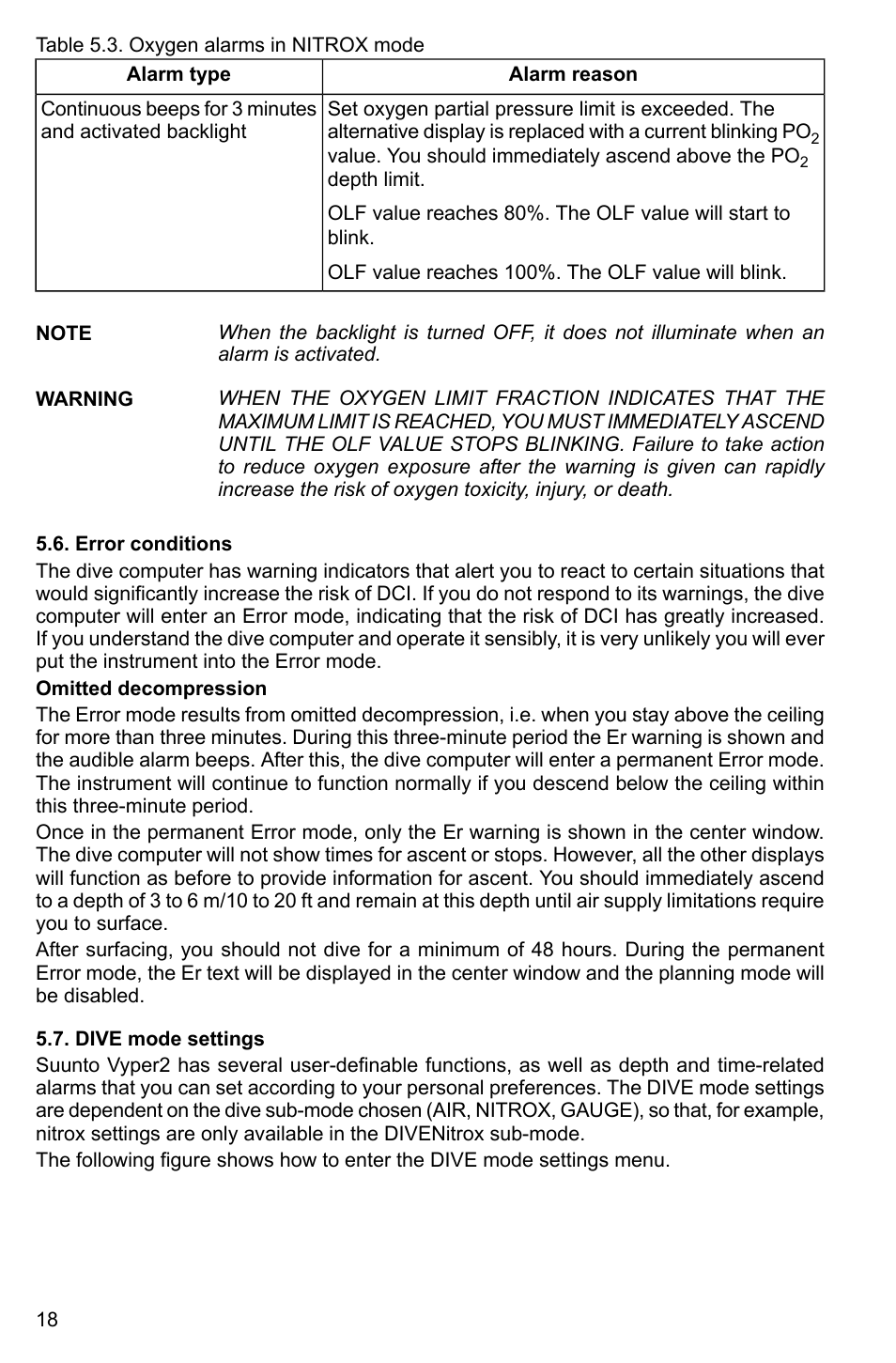 Error conditions, Dive mode settings, 18 5.7. dive mode settings | SUUNTO Vyper2 User Manual | Page 18 / 55