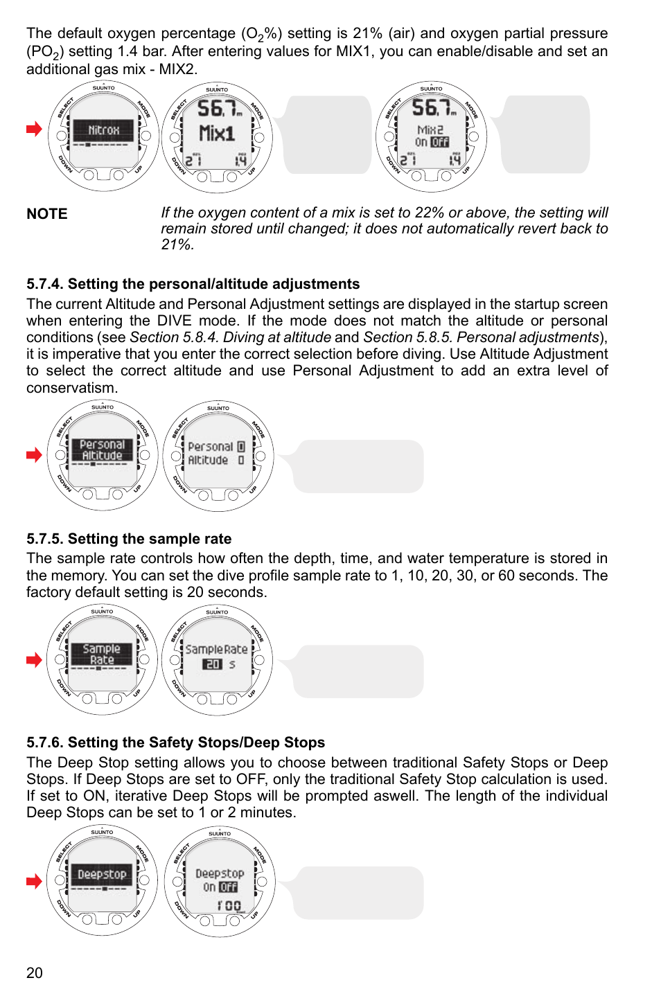 Setting the personal/altitude adjustments, Setting the sample rate, Setting the safety stops/deep stops | 20 5.7.5. setting the sample rate, 20 5.7.6. setting the safety stops/deep stops | SUUNTO Vyper2 User Manual | Page 20 / 55