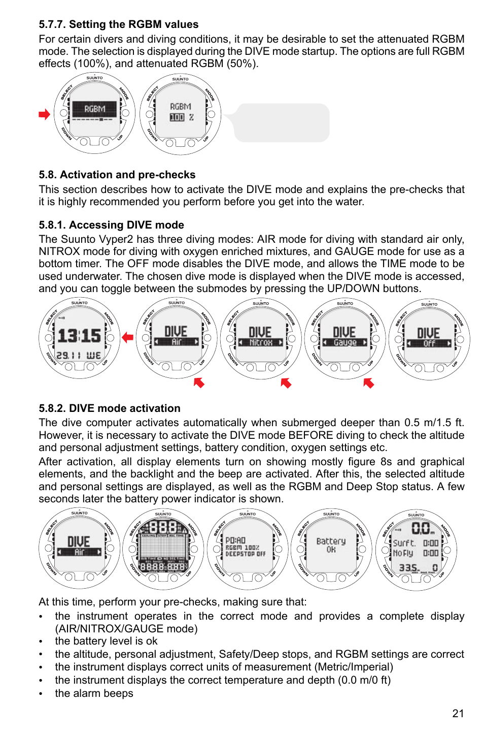 Setting the rgbm values, Activation and pre-checks, Accessing dive mode | Dive mode activation, 21 5.8.2. dive mode activation | SUUNTO Vyper2 User Manual | Page 21 / 55