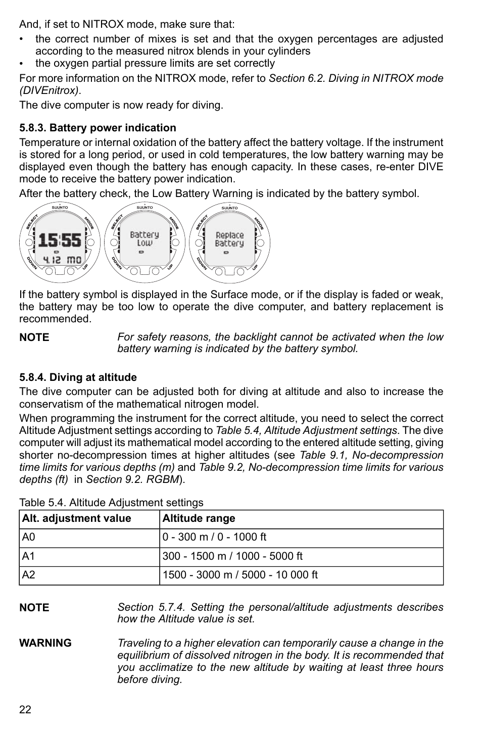 Battery power indication, Diving at altitude, 22 5.8.4. diving at altitude | SUUNTO Vyper2 User Manual | Page 22 / 55