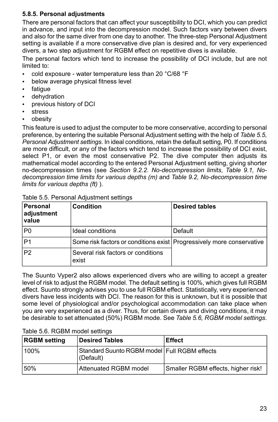 Personal adjustments | SUUNTO Vyper2 User Manual | Page 23 / 55