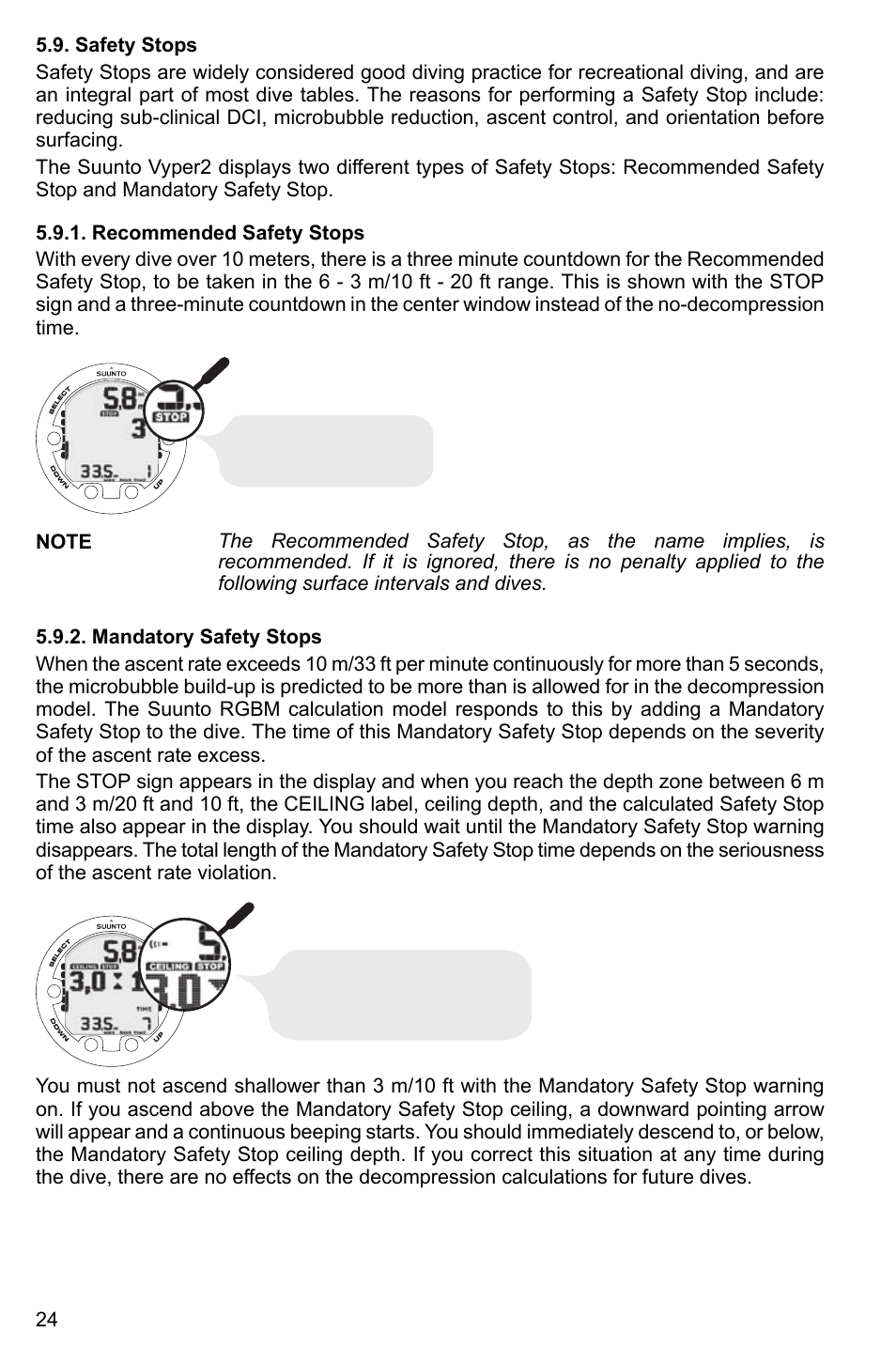 Safety stops, Recommended safety stops, Mandatory safety stops | 24 5.9.2. mandatory safety stops | SUUNTO Vyper2 User Manual | Page 24 / 55