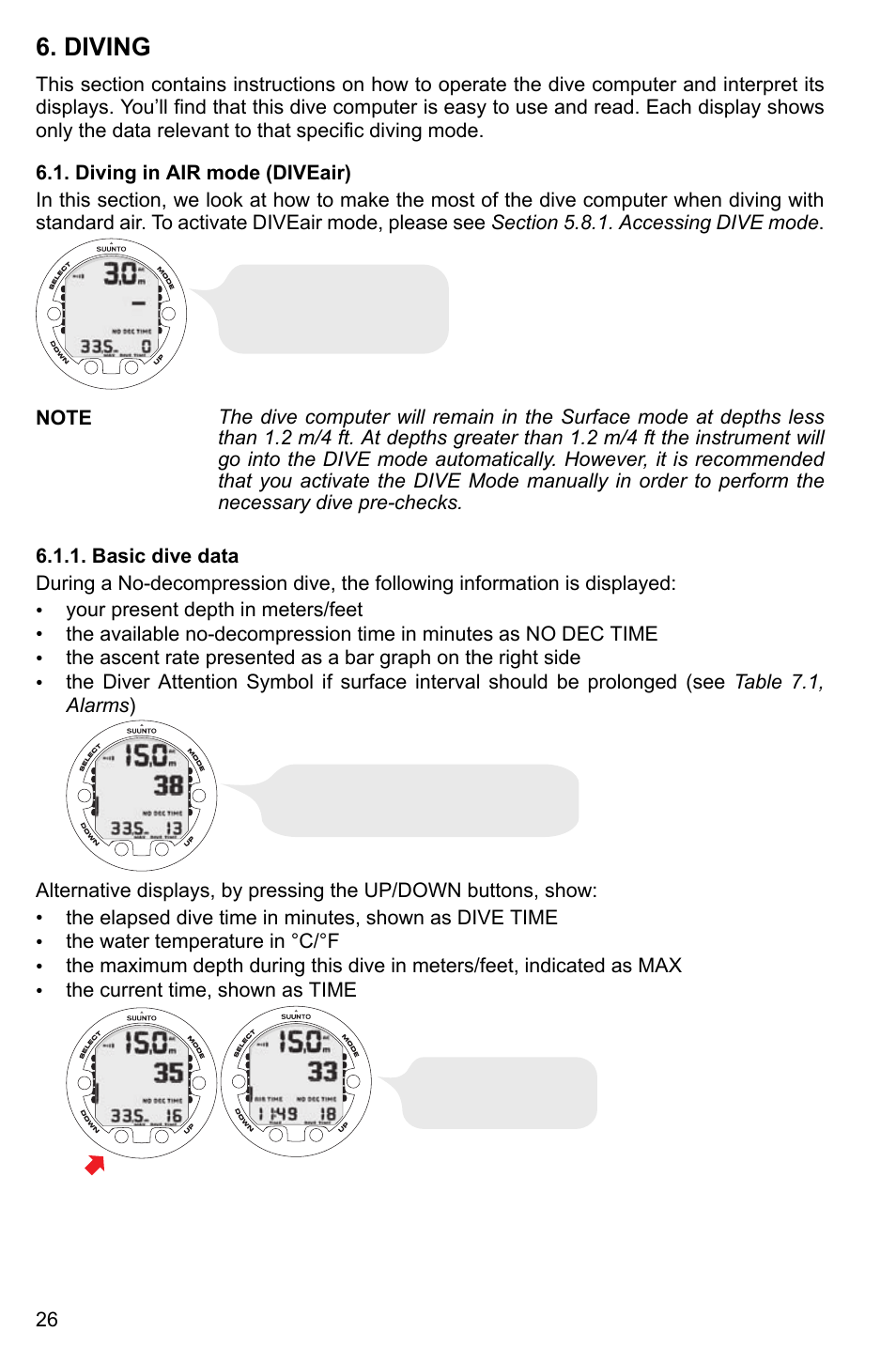 Diving, Diving in air mode (diveair), Basic dive data | SUUNTO Vyper2 User Manual | Page 26 / 55