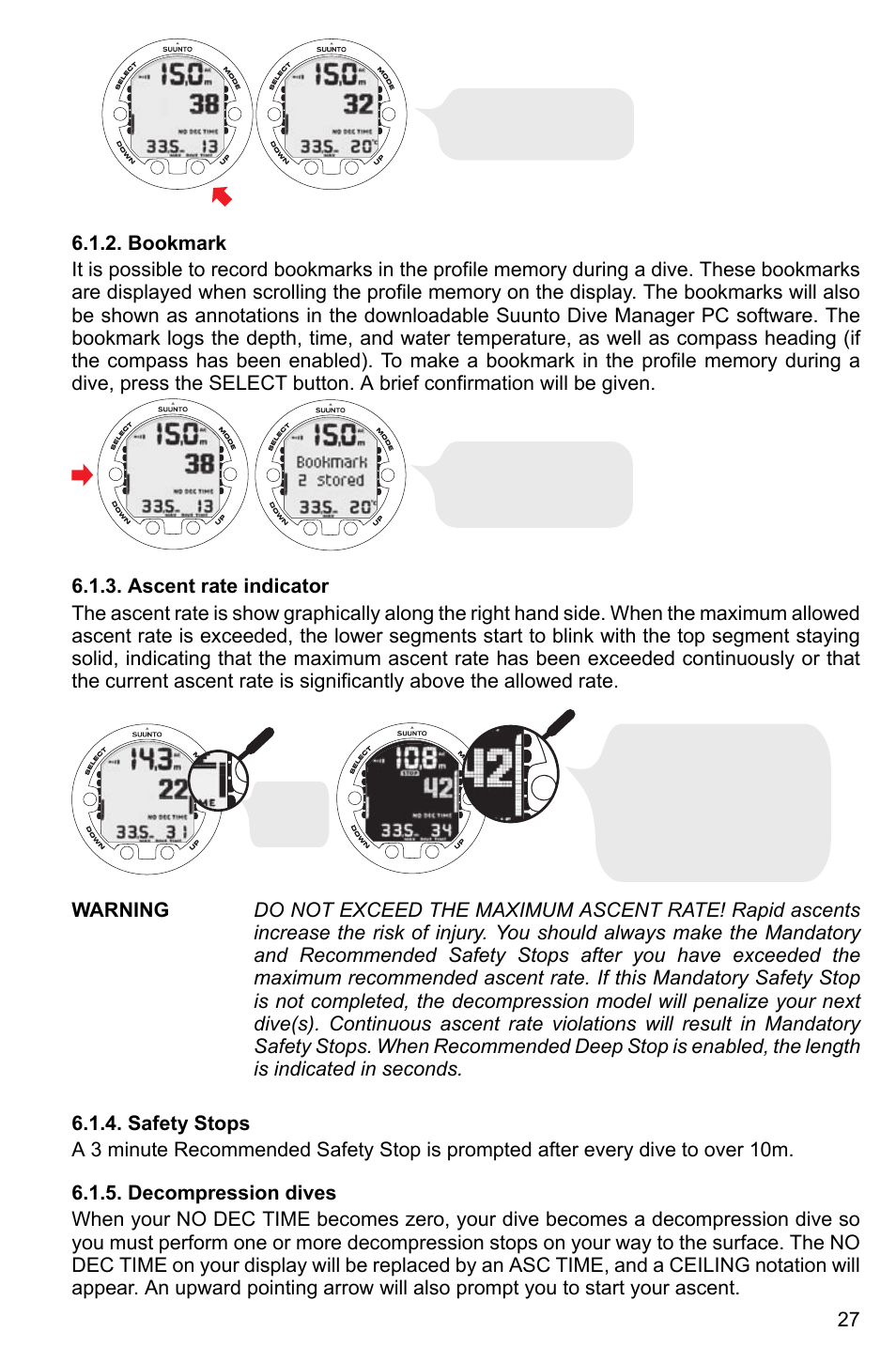 Bookmark, Ascent rate indicator, Safety stops | Decompression dives, 27 6.1.3. ascent rate indicator, 27 6.1.4. safety stops, 27 6.1.5. decompression dives | SUUNTO Vyper2 User Manual | Page 27 / 55