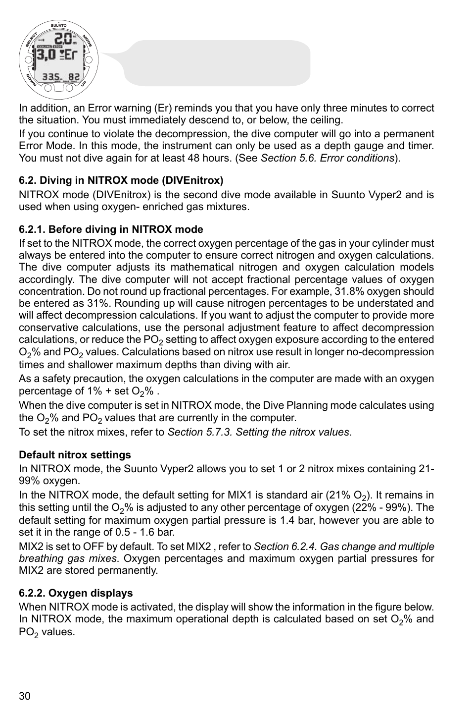 Diving in nitrox mode (divenitrox), Before diving in nitrox mode, Default nitrox settings | Oxygen displays, 30 6.2.2. oxygen displays | SUUNTO Vyper2 User Manual | Page 30 / 55