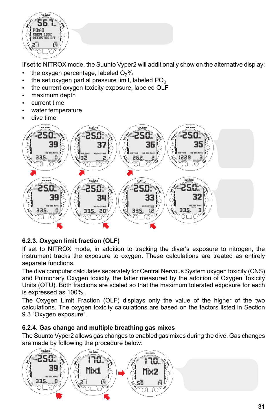 Oxygen limit fraction (olf), Gas change and multiple breathing gas mixes, The set oxygen partial pressure limit, labeled po | SUUNTO Vyper2 User Manual | Page 31 / 55