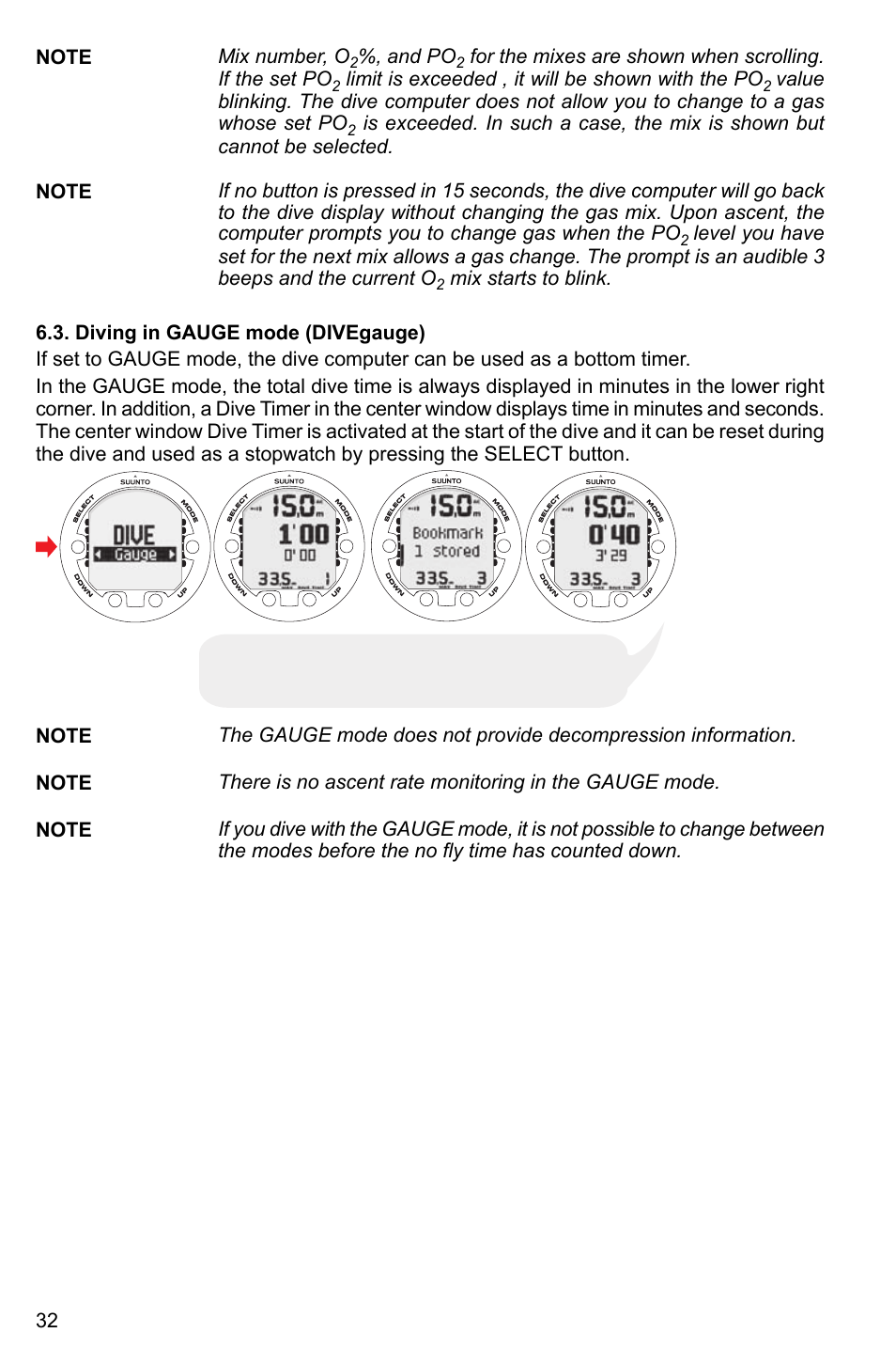 Diving in gauge mode (divegauge) | SUUNTO Vyper2 User Manual | Page 32 / 55
