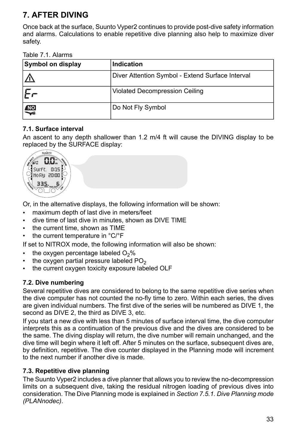 After diving, Surface interval, Dive numbering | Repetitive dive planning, 33 7.2. dive numbering, 33 7.3. repetitive dive planning | SUUNTO Vyper2 User Manual | Page 33 / 55