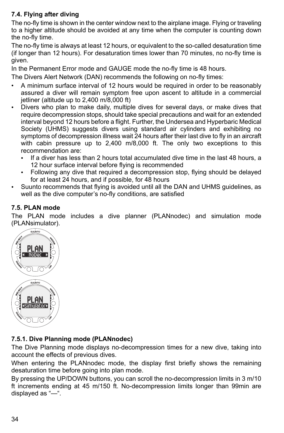 Flying after diving, Plan mode, Dive planning mode (plannodec) | 34 7.5. plan mode | SUUNTO Vyper2 User Manual | Page 34 / 55