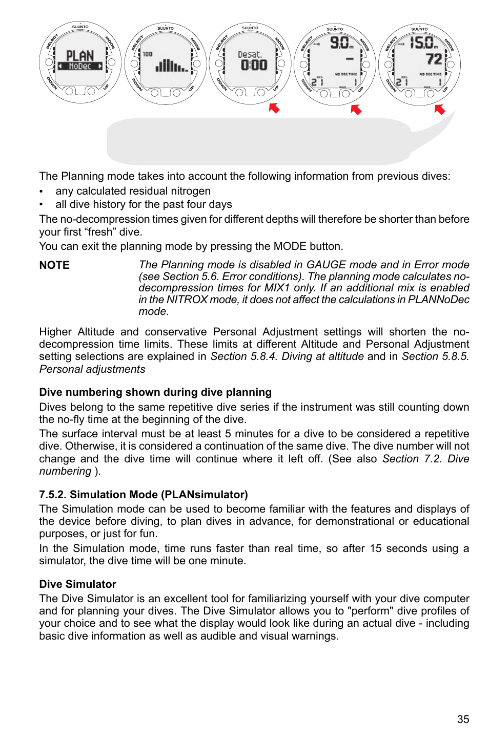 Dive numbering shown during dive planning, Simulation mode (plansimulator), Dive simulator | SUUNTO Vyper2 User Manual | Page 35 / 55