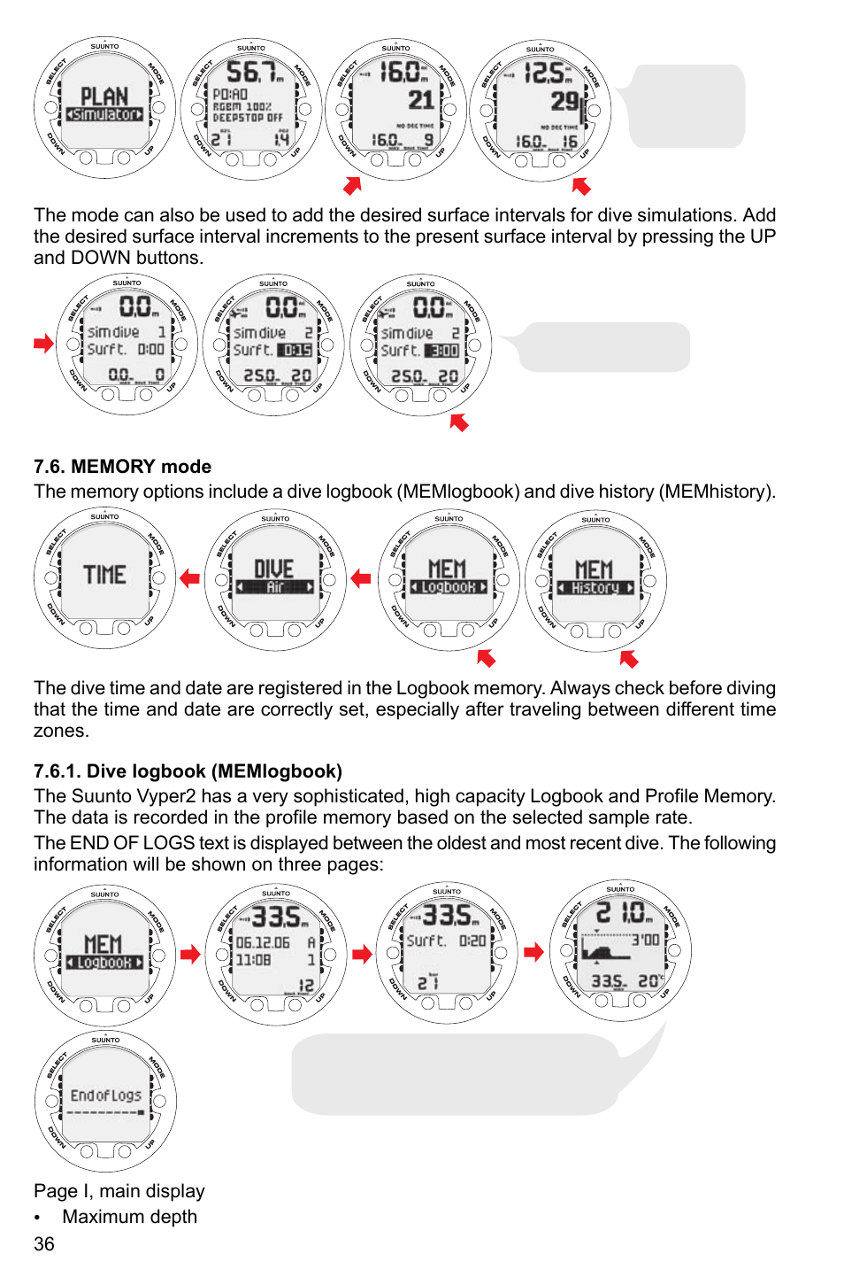 Memory mode, Dive logbook (memlogbook) | SUUNTO Vyper2 User Manual | Page 36 / 55