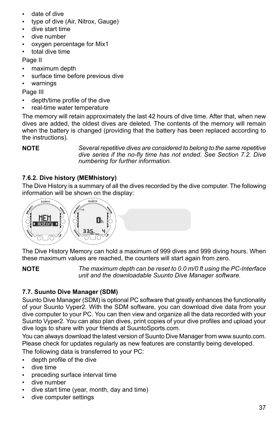 Dive history (memhistory), Suunto dive manager (sdm) | SUUNTO Vyper2 User Manual | Page 37 / 55