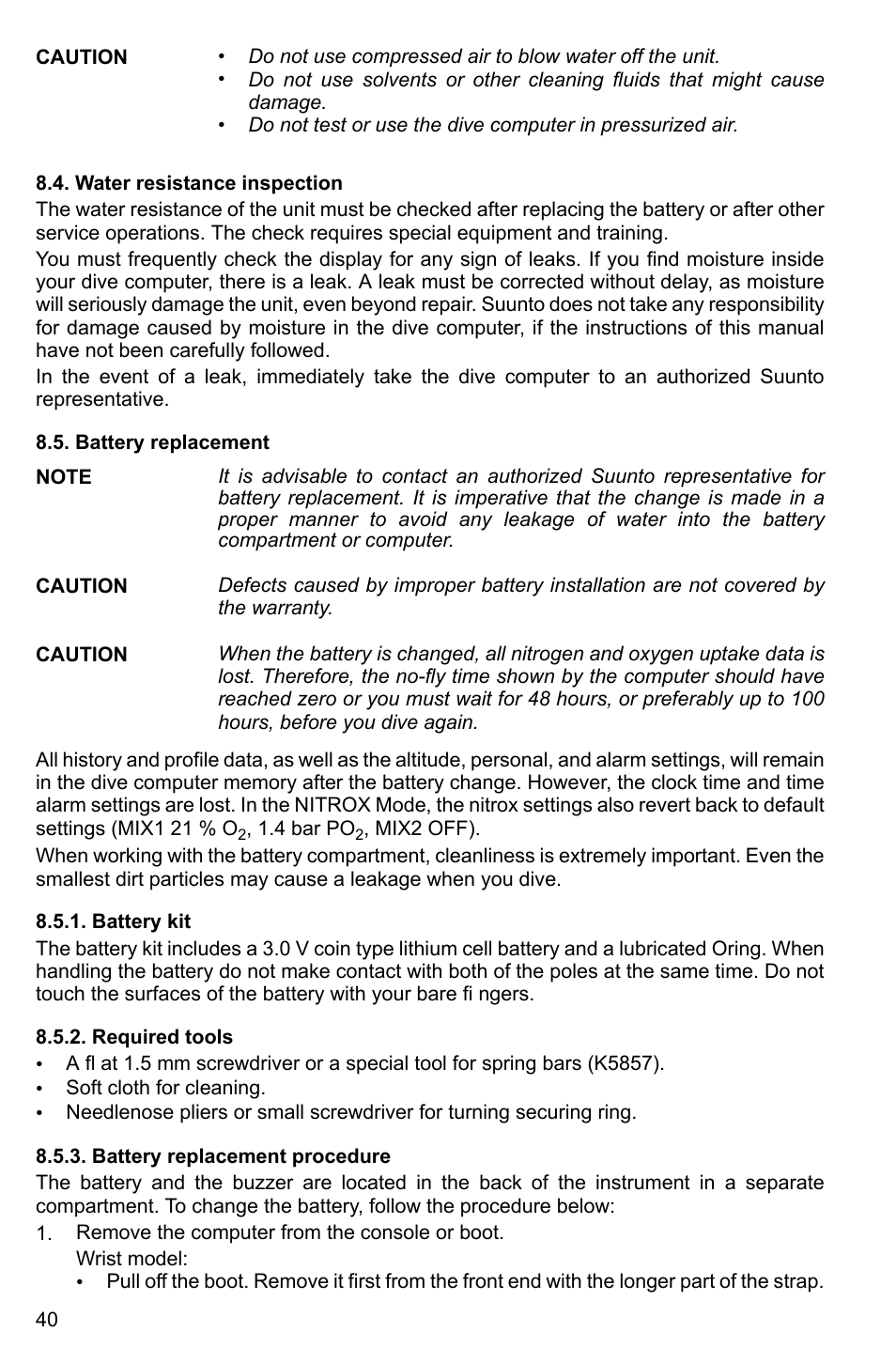 Water resistance inspection, Battery replacement, Battery kit | Required tools, Battery replacement procedure, 40 8.5. battery replacement, 40 8.5.2. required tools, 40 8.5.3. battery replacement procedure | SUUNTO Vyper2 User Manual | Page 40 / 55