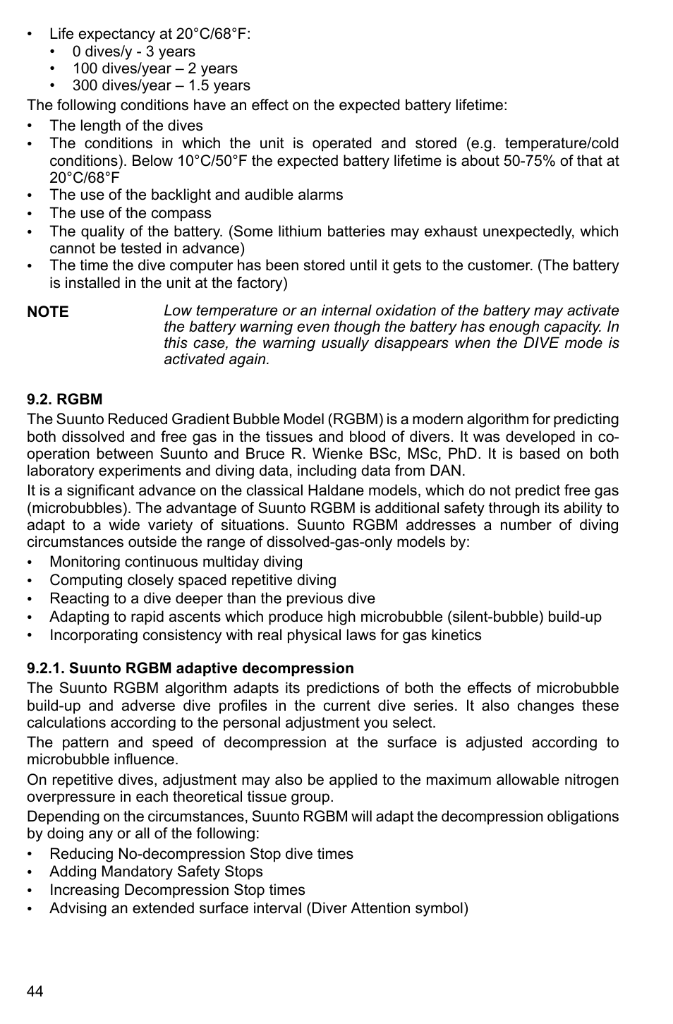 Rgbm, Suunto rgbm adaptive decompression | SUUNTO Vyper2 User Manual | Page 44 / 55