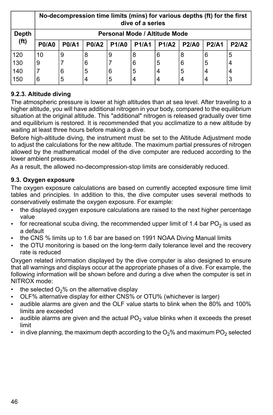 Altitude diving, Oxygen exposure | SUUNTO Vyper2 User Manual | Page 46 / 55
