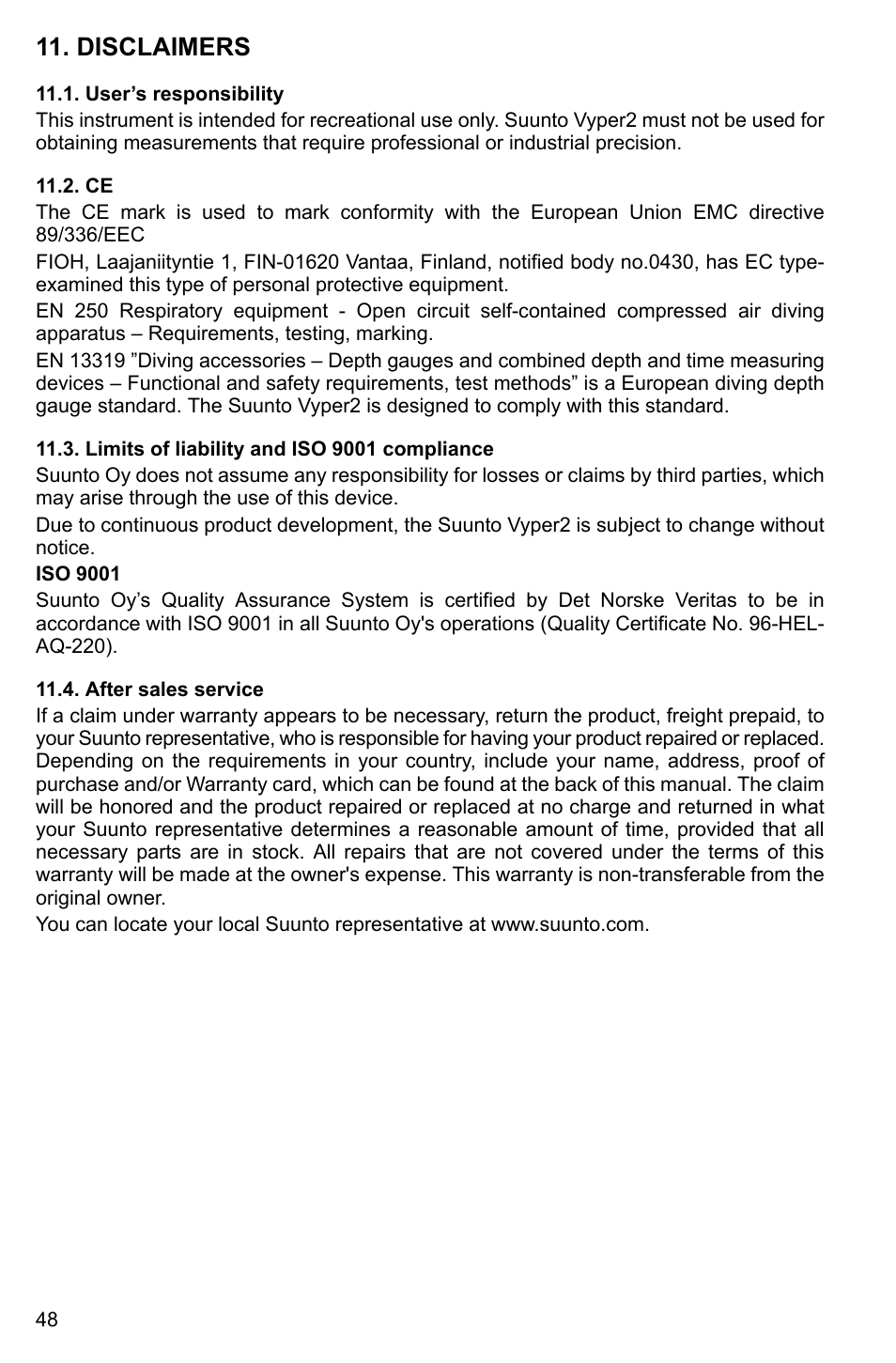 Disclaimers, User’s responsibility, Limits of liability and iso 9001 compliance | After sales service, 48 11.2. ce, 48 11.4. after sales service | SUUNTO Vyper2 User Manual | Page 48 / 55