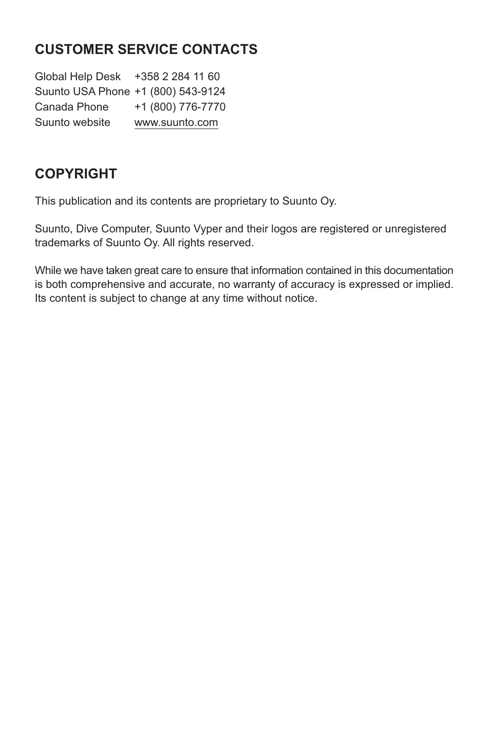 Customer service contacts, Copyright | SUUNTO Vyper2 User Manual | Page 53 / 55