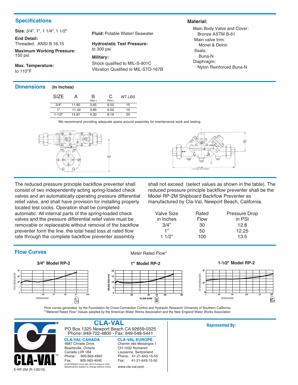 E-rp-2m_2, Cla-val, Flow curves | Dimensions, Specifications, Material, Size a b | Cla-Val RP2M User Manual | Page 2 / 2