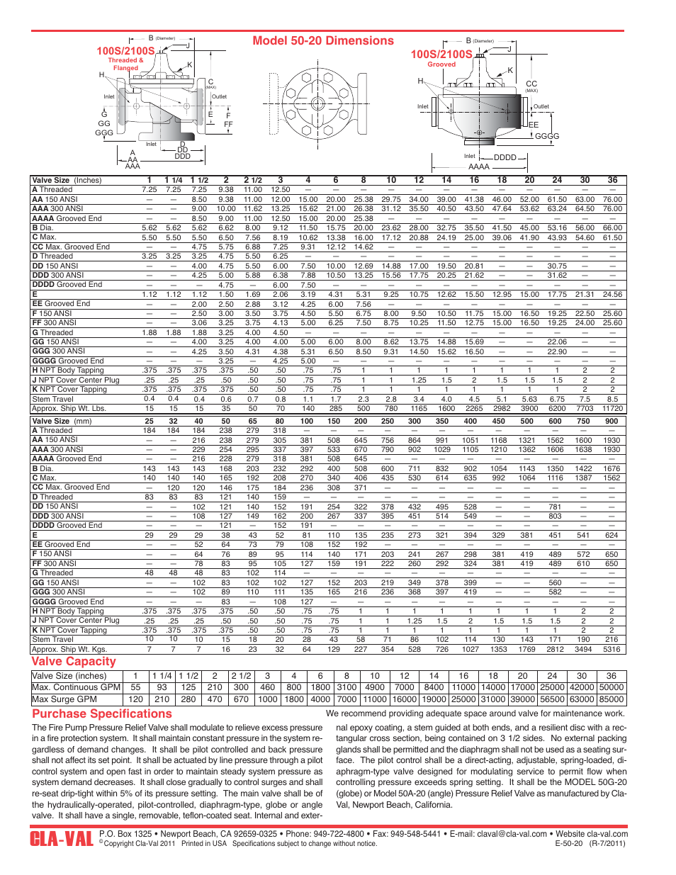 Cla-val, Purchase specifications, Valve capacity model 50-20 dimensions | Cla-Val 50-20 User Manual | Page 2 / 2