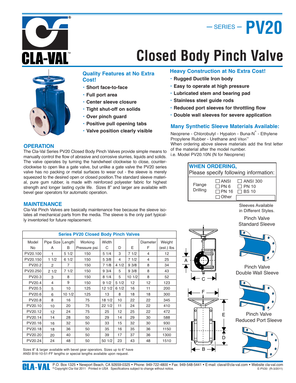 Cla-Val PV20 User Manual | 1 page