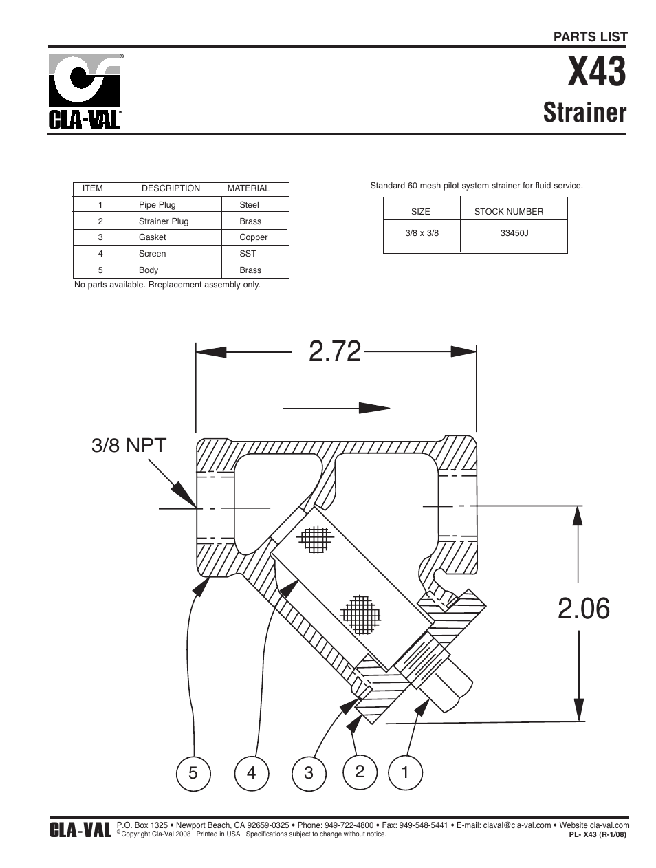 Strainer, 3/8 npt, Cla-val | Cla-Val 790-68 User Manual | Page 17 / 24