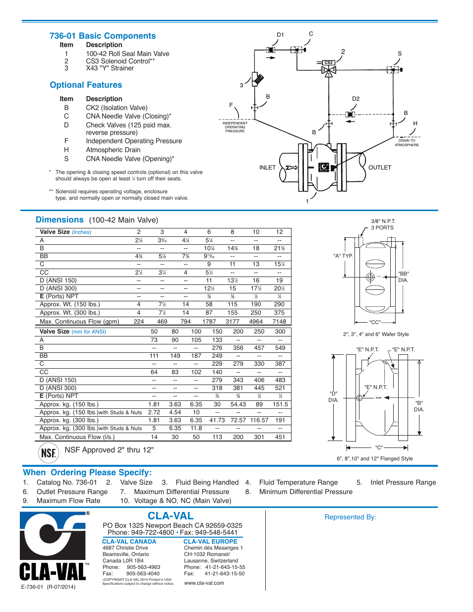 Cla-val, 01 basic components, Optional features | When ordering please specify, Dimensions, Nsf approved 2" thru 12, 42 main valve) | Cla-Val 736-01 User Manual | Page 2 / 2