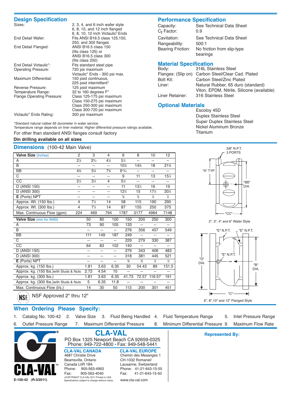 Cla-val, When ordering please specify, Design specification | Performance specification, Material specification, Optional materials, Dimensions, Nsf approved 2" thru 12, 42 main valve) | Cla-Val 750-01 User Manual | Page 6 / 24