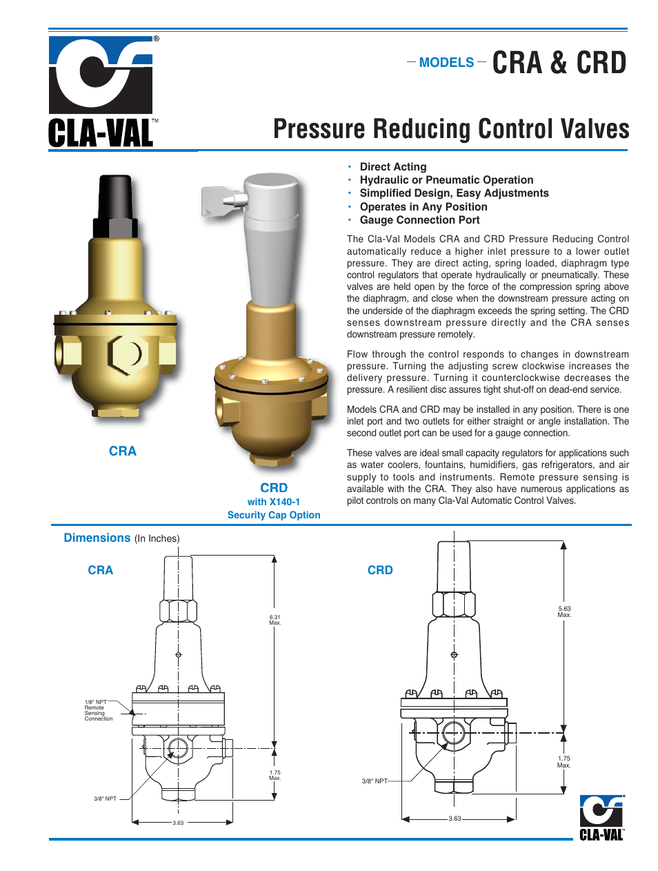 Cra & crd, Pressure reducing control valves, Models crd | Cla-Val 790-01 User Manual | Page 14 / 23