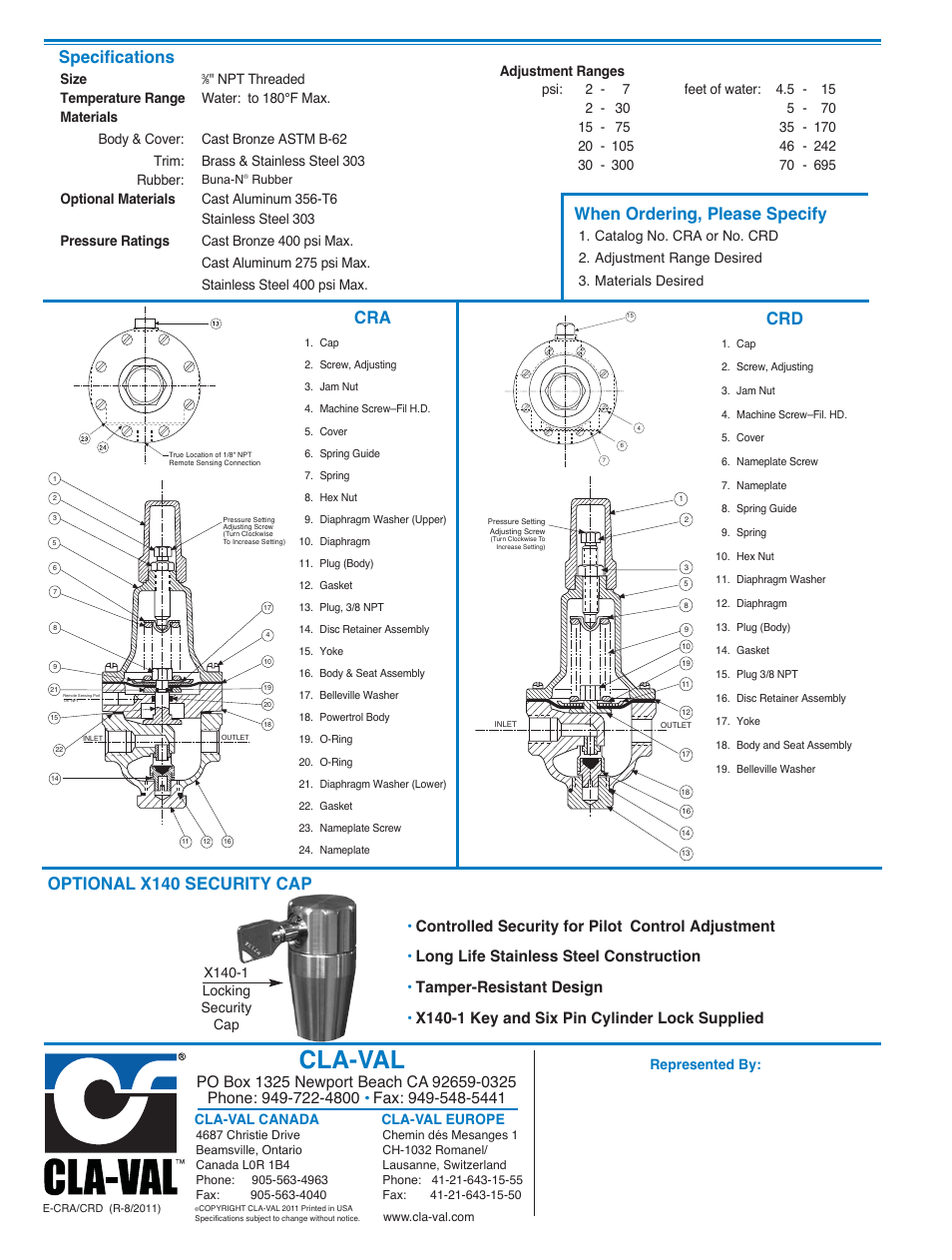 Cla-val, When ordering, please specify, Specifications | Optional x140 security cap | Cla-Val 790-01 User Manual | Page 15 / 23