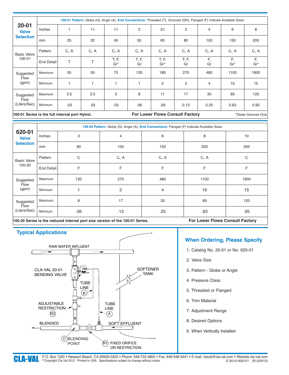 Cla-val, When ordering, please specify, Typical applications | Cla-Val 20-01/620-01 User Manual | Page 4 / 4