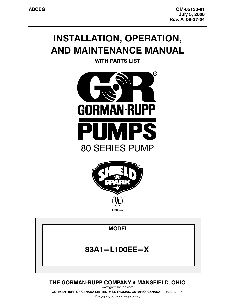 Gorman-Rupp Pumps 83A1-L100EE-X 1215876 thru 1512372 User Manual | 29 pages