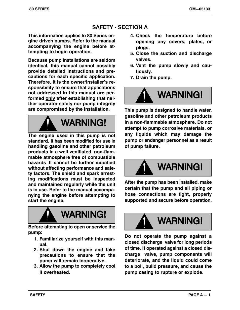 Safety - section a | Gorman-Rupp Pumps 83A1-L100EE-X 1215876 thru 1512372 User Manual | Page 6 / 29