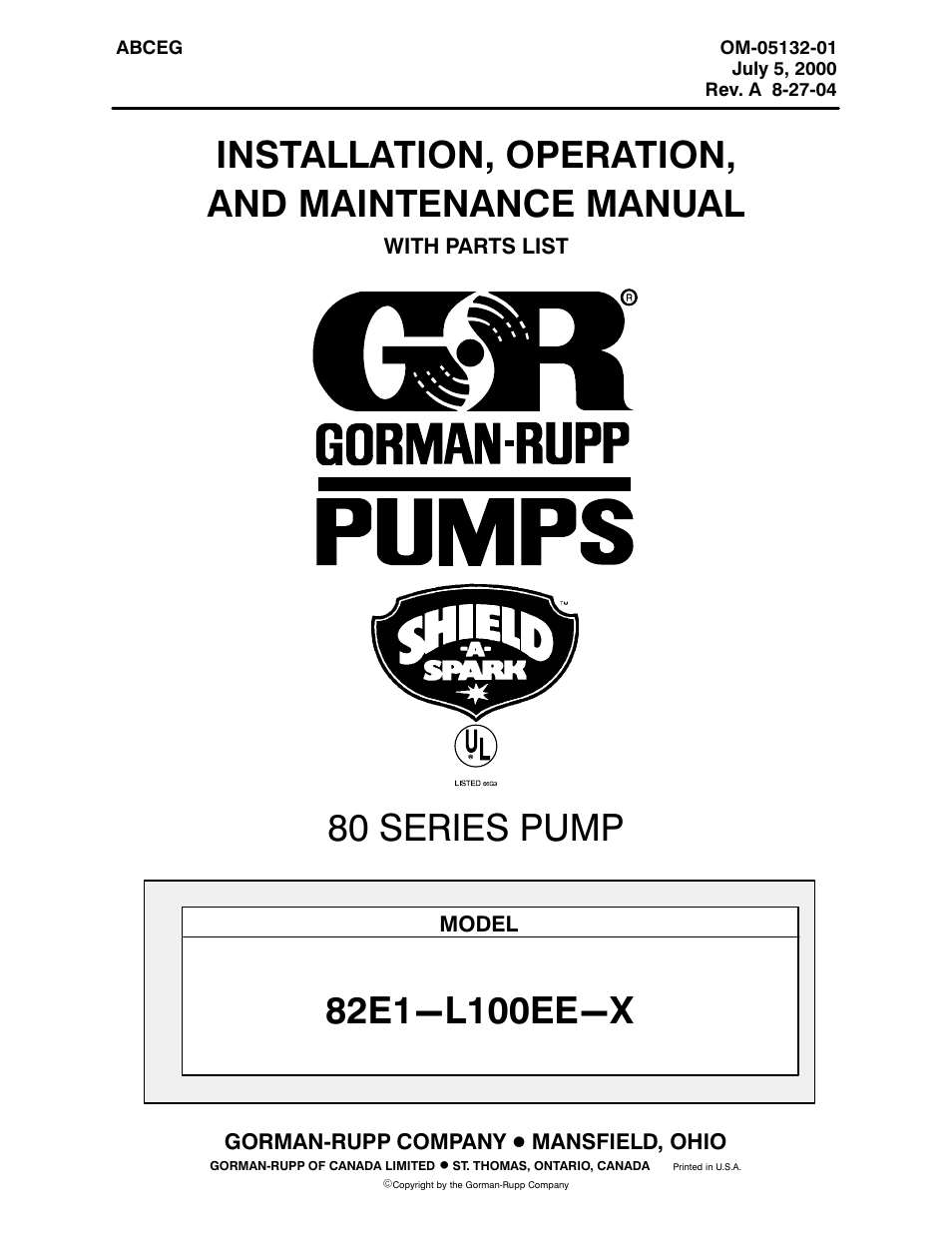 Gorman-Rupp Pumps 82E1-L100EE-X 1215875 thru 1518663 User Manual | 29 pages