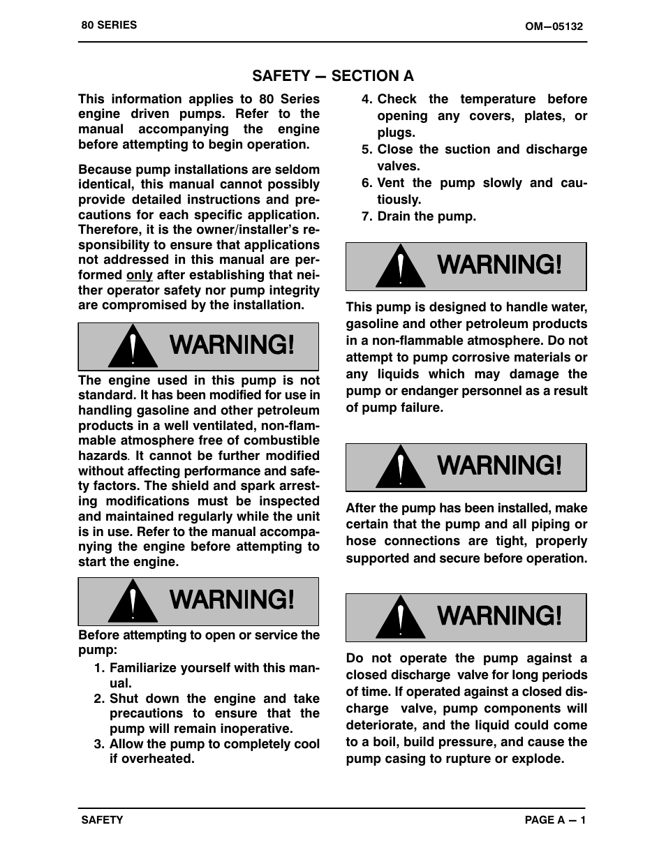 Safety - section a | Gorman-Rupp Pumps 82E1-L100EE-X 1215875 thru 1518663 User Manual | Page 6 / 29