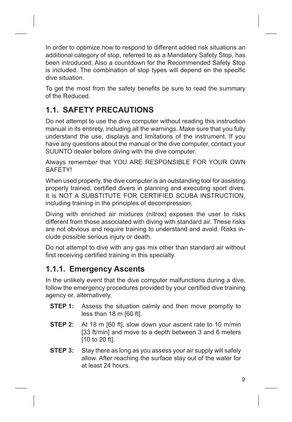 Safety precautions, Emergency ascents | SUUNTO VYTEC DS User Manual | Page 11 / 86