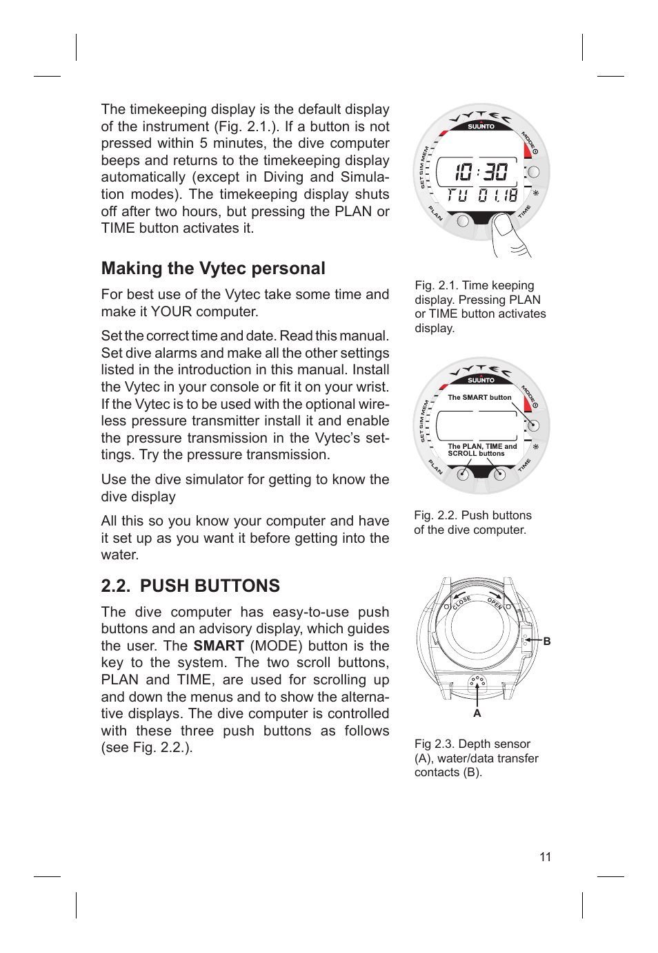 Making the vytec personal, Push buttons | SUUNTO VYTEC DS User Manual | Page 13 / 86