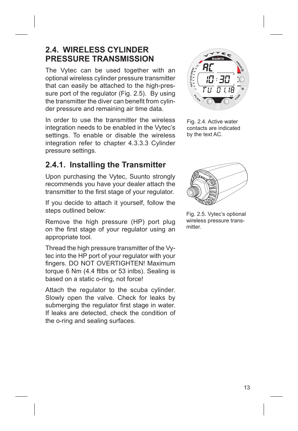 Wireless cylinder pressure transmission, Installing the transmitter | SUUNTO VYTEC DS User Manual | Page 15 / 86