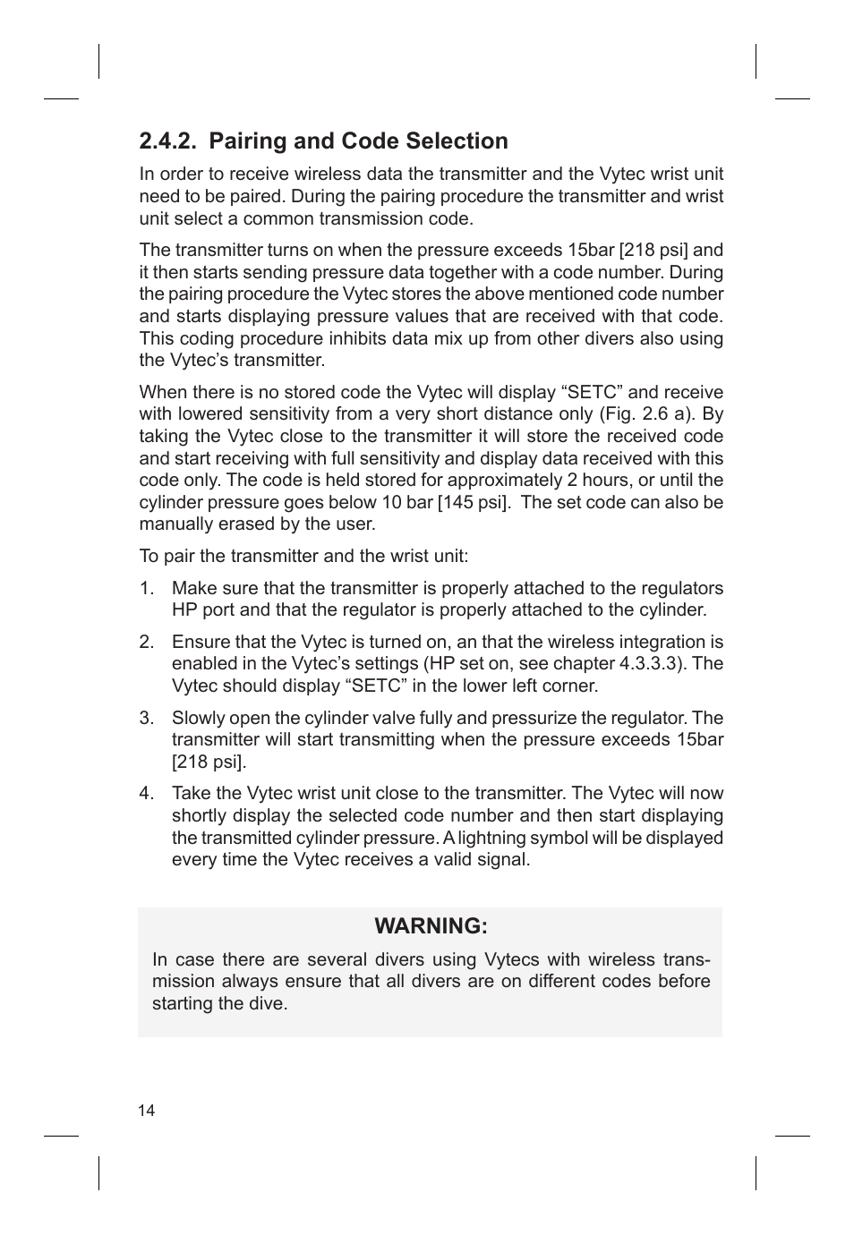 Pairing and code selection, Warning | SUUNTO VYTEC DS User Manual | Page 16 / 86