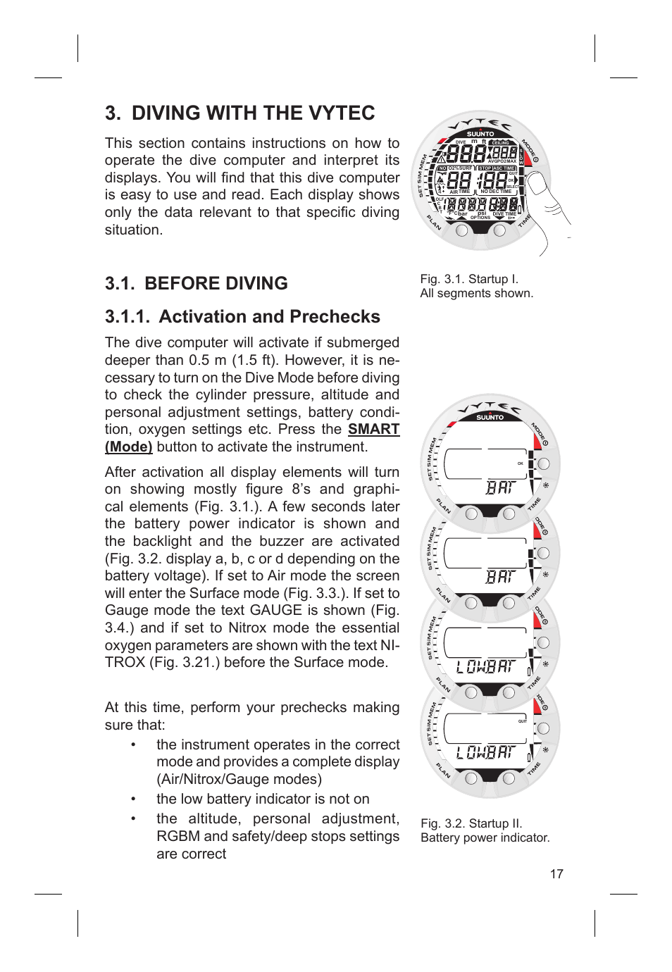 Diving with the vytec, Before diving 3.1.1. activation and prechecks | SUUNTO VYTEC DS User Manual | Page 19 / 86