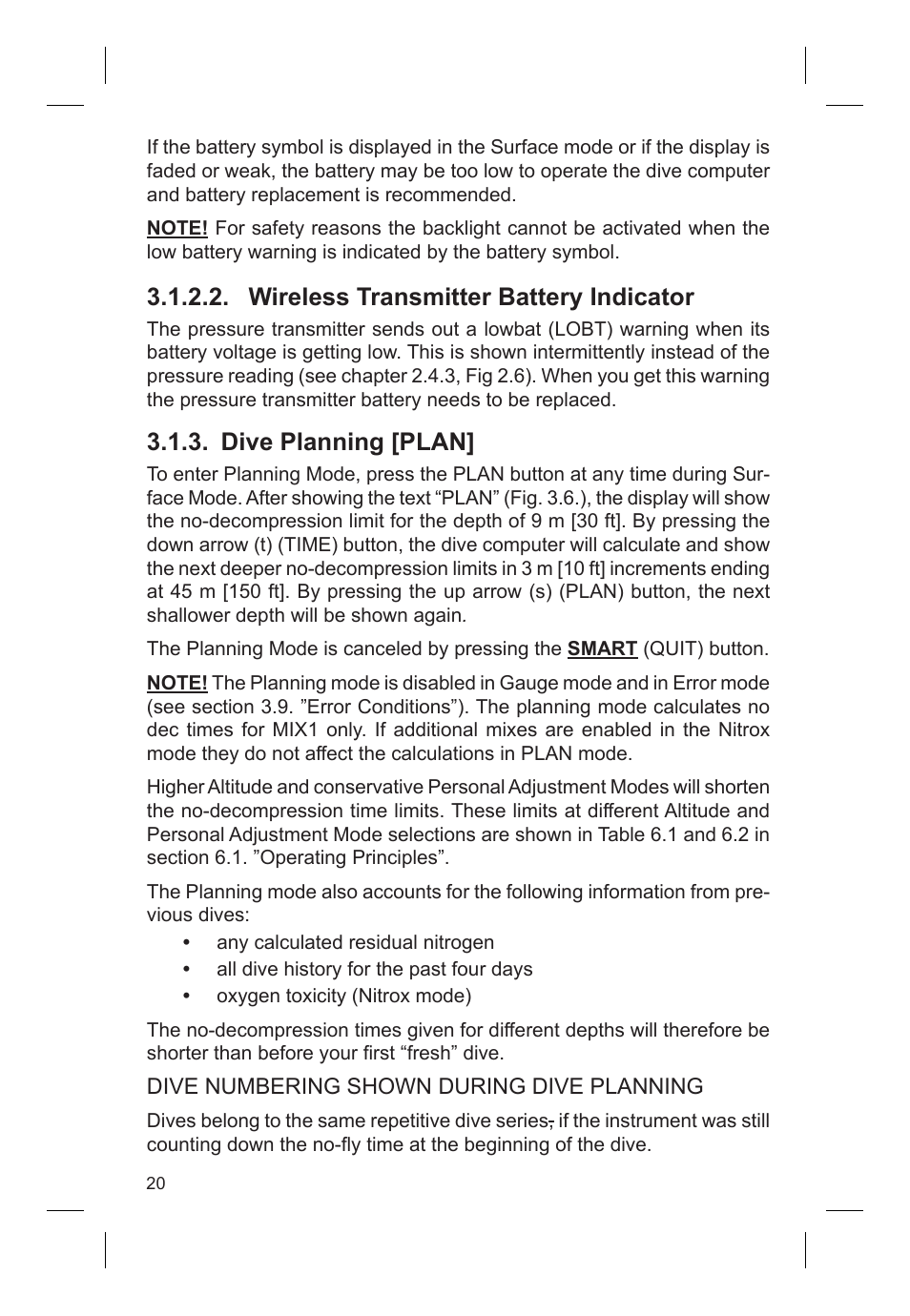 Wireless transmitter battery indicator, Dive planning [plan | SUUNTO VYTEC DS User Manual | Page 22 / 86