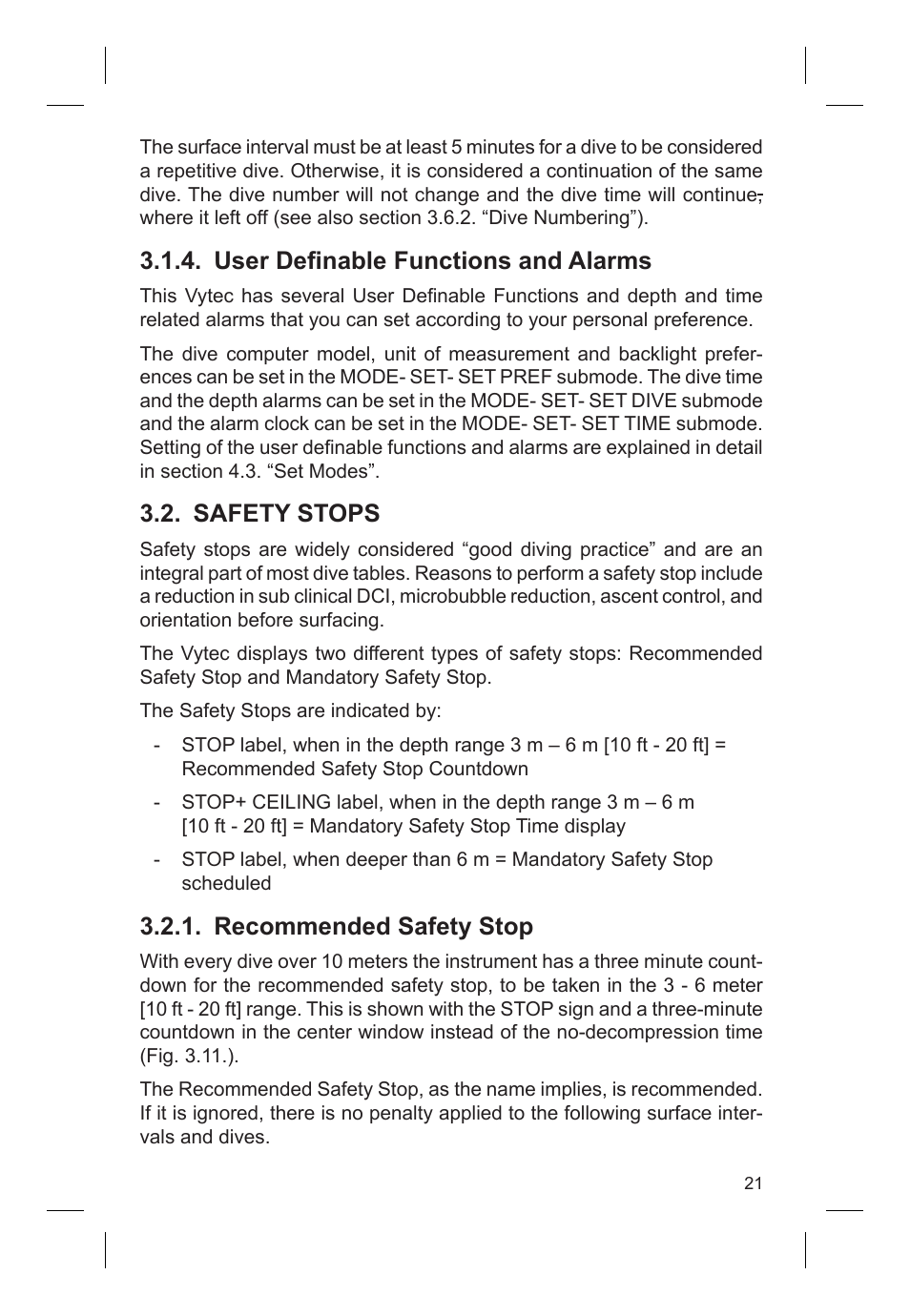 User defi nable functions and alarms, Safety stops, Recommended safety stop | SUUNTO VYTEC DS User Manual | Page 23 / 86