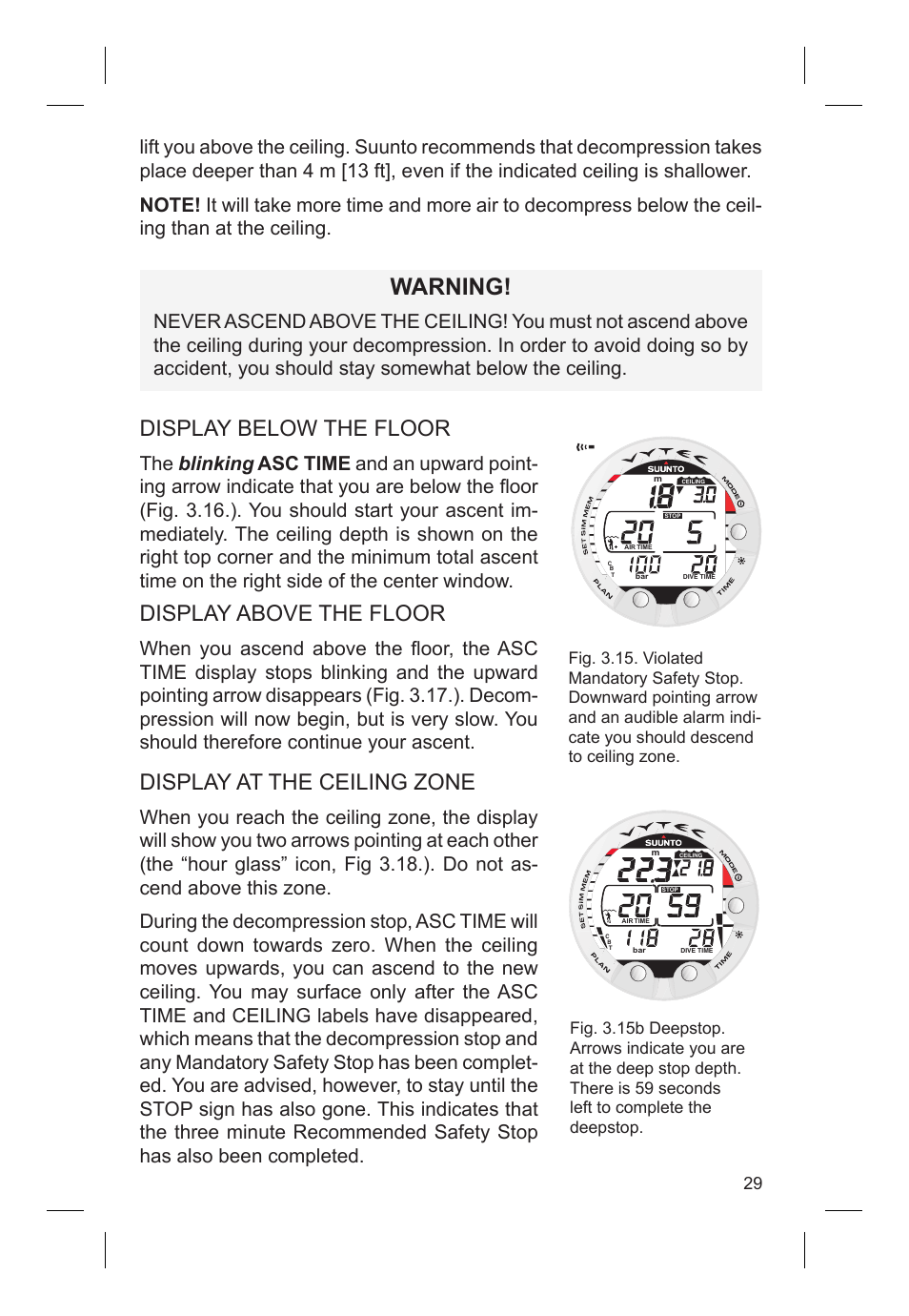 Warning, Display below the floor, Display above the floor | Display at the ceiling zone | SUUNTO VYTEC DS User Manual | Page 31 / 86