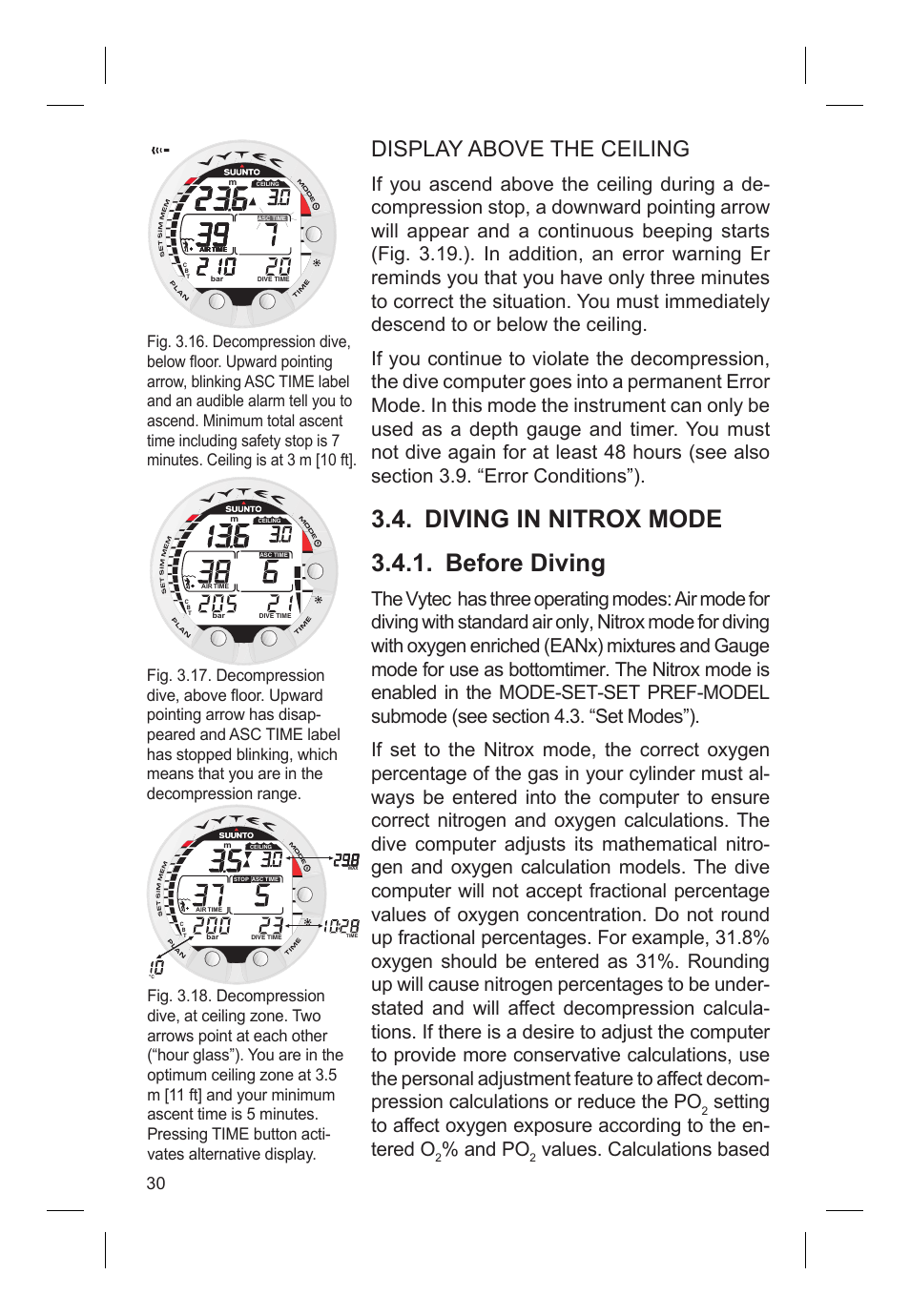 Diving in nitrox mode 3.4.1. before diving, Display above the ceiling, And po | Values. calculations based | SUUNTO VYTEC DS User Manual | Page 32 / 86