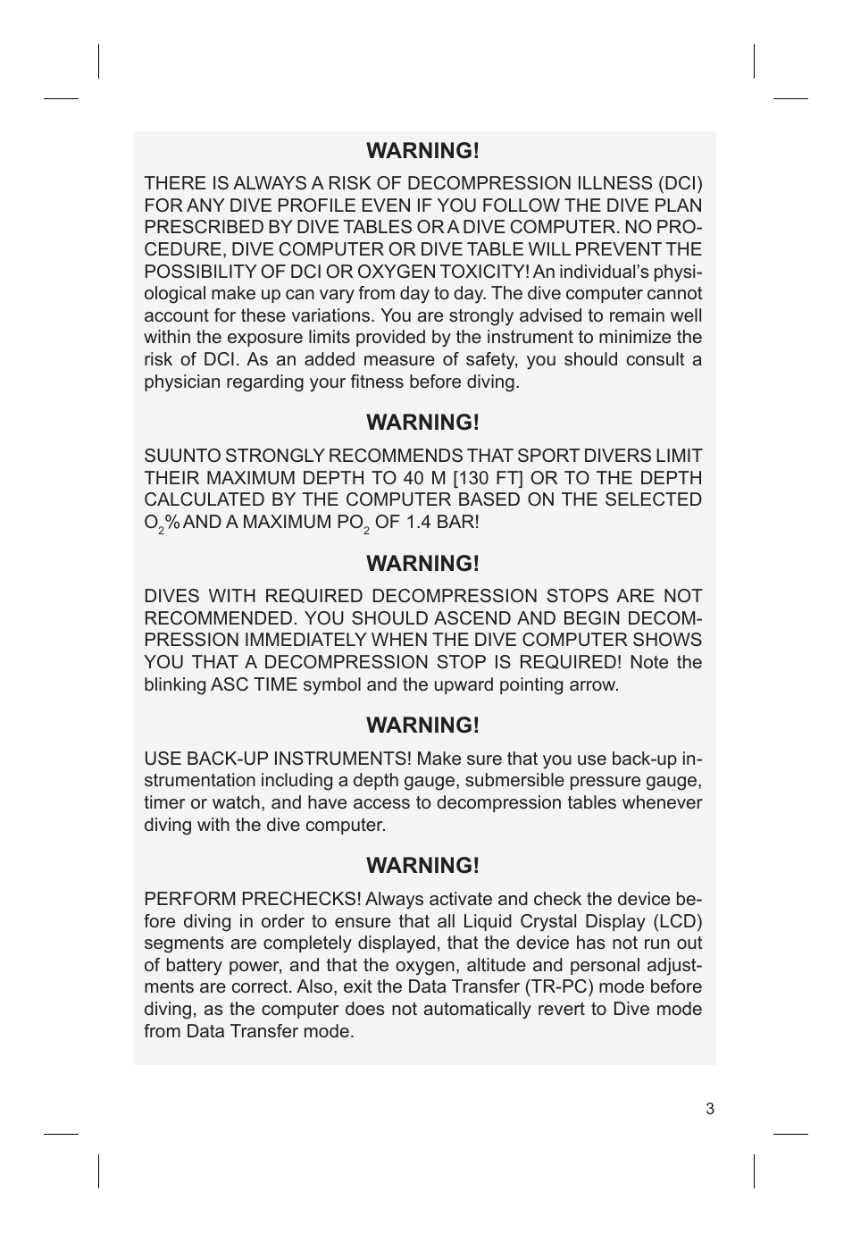 Warning | SUUNTO VYTEC DS User Manual | Page 5 / 86