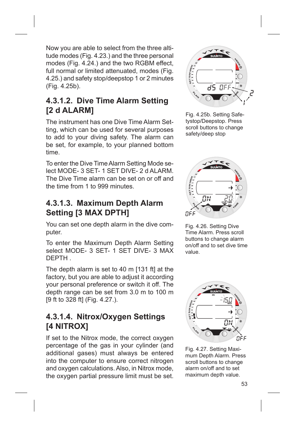 Dive time alarm setting [2 d alarm, Maximum depth alarm setting [3 max dpth, Nitrox/oxygen settings [4 nitrox | SUUNTO VYTEC DS User Manual | Page 55 / 86