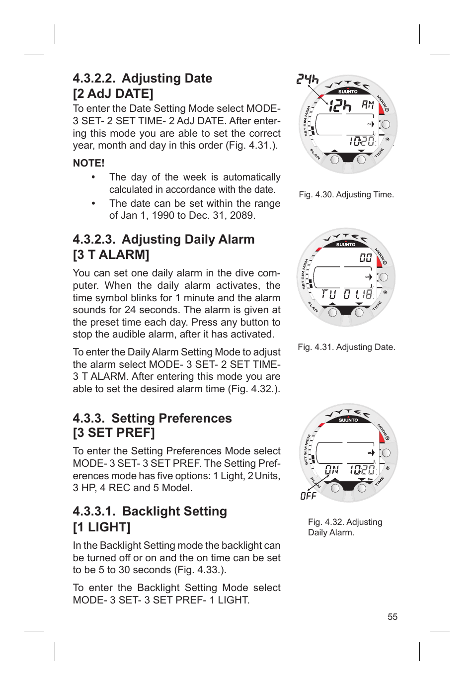 Adjusting date [2 adj date, Adjusting daily alarm [3 t alarm, Setting preferences [3 set pref | Backlight setting [1 light | SUUNTO VYTEC DS User Manual | Page 57 / 86