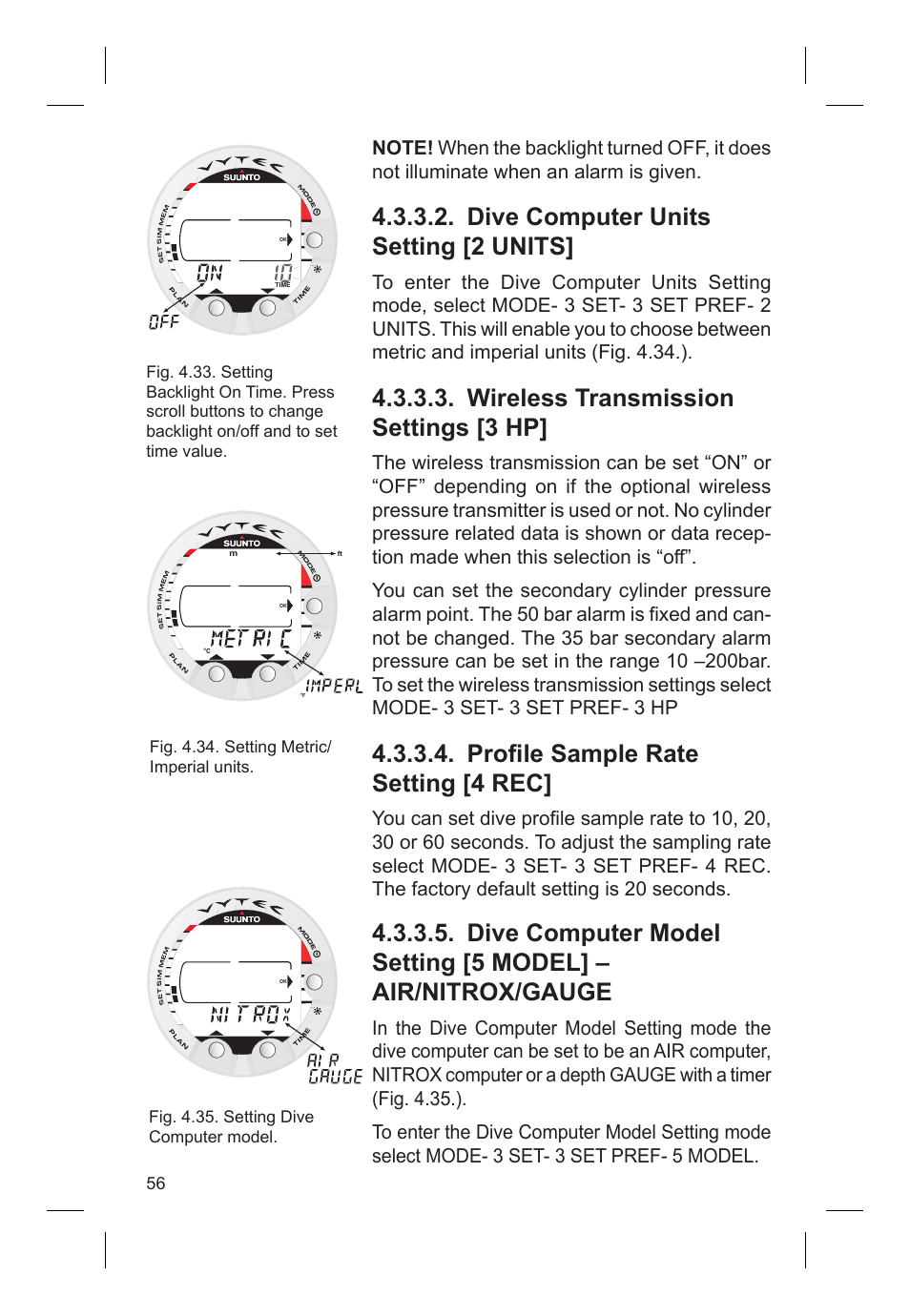 Dive computer units setting [2 units, Wireless transmission settings [3 hp, Profi le sample rate setting [4 rec | SUUNTO VYTEC DS User Manual | Page 58 / 86